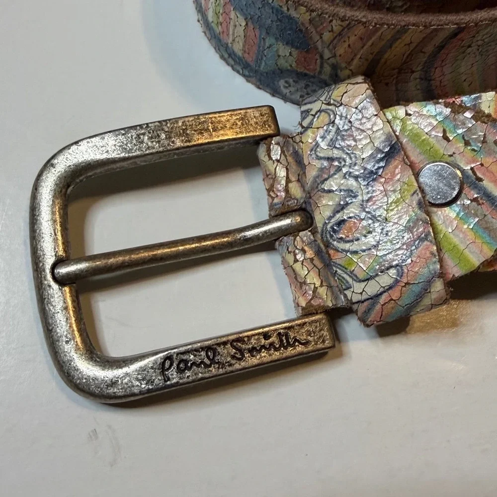 Vtg Paul Smith Leather Mini Cooper Belt Mens 34 Multi Color Metal Bucket Rare